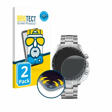 Parte frontal de un envase de producto con el logotipo de la marca BROTECT. Al lado se muestra el dispositivo Omega Speedmaste