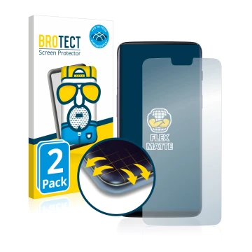 Parte frontal de un envase de producto con el logotipo de la marca BROTECT. Al lado se muestra el dispositivo OnePlus 6 con su