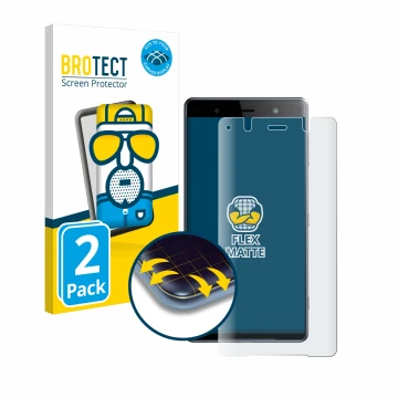 Parte frontal de un envase de producto con el logotipo de la marca BROTECT. Al lado se muestra el dispositivo Sony Xperia XZ2 