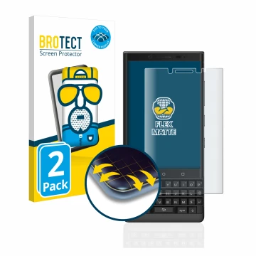Parte frontal de un envase de producto con el logotipo de la marca BROTECT. Al lado se muestra el dispositivo BlackBerry Key2 