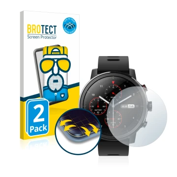 Parte frontal de un envase de producto con el logotipo de la marca BROTECT. Al lado se muestra el dispositivo Huami Amazfit St