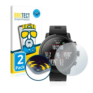 Parte frontal de un envase de producto con el logotipo de la marca BROTECT. Al lado se muestra el dispositivo Huami Amazfit St