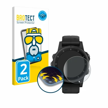 Parte frontal de un envase de producto con el logotipo de la marca BROTECT. Al lado se muestra el dispositivo Garmin Fenix 5S 