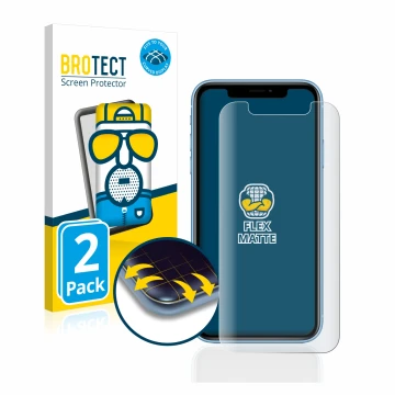 Parte frontal de un envase de producto con el logotipo de la marca BROTECT. Al lado se muestra el dispositivo Apple iPhone XR 