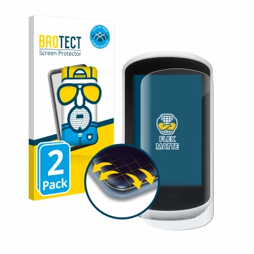 Parte frontal de un envase de producto con el logotipo de la marca BROTECT. Al lado se muestra el dispositivo Garmin Edge Expl