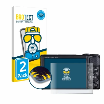 Parte frontal de un envase de producto con el logotipo de la marca BROTECT. Al lado se muestra el dispositivo Canon PowerShot 