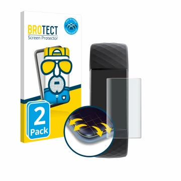 Parte frontal de un envase de producto con el logotipo de la marca BROTECT. Al lado se muestra el dispositivo Fitbit Charge 3 