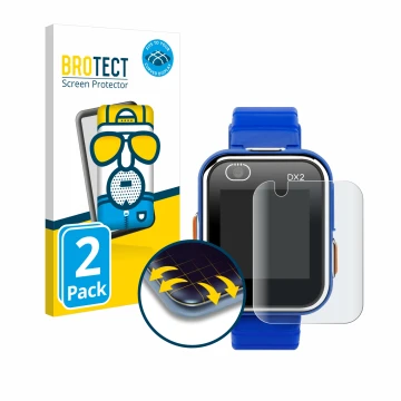 Parte frontal de un envase de producto con el logotipo de la marca BROTECT. Al lado se muestra el dispositivo Vtech Kidizoom S