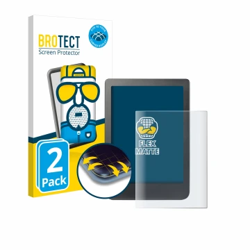 Parte frontal de un envase de producto con el logotipo de la marca BROTECT. Al lado se muestra el dispositivo Kobo Clara HD (6