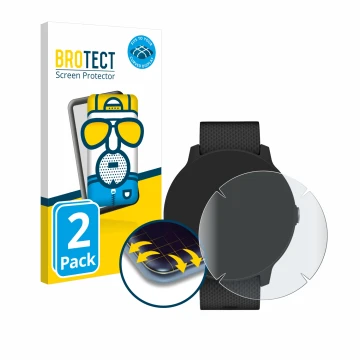 Parte frontal de un envase de producto con el logotipo de la marca BROTECT. Al lado se muestra el dispositivo Garmin vivoactiv