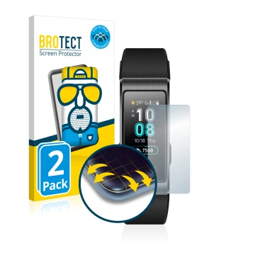 Parte frontal de un envase de producto con el logotipo de la marca BROTECT. Al lado se muestra el dispositivo Huawei Band 3 Pr