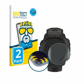 Parte frontal de un envase de producto con el logotipo de la marca BROTECT. Al lado se muestra el dispositivo Garmin Instinct 