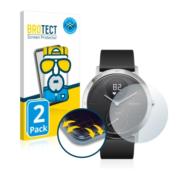 Parte frontal de un envase de producto con el logotipo de la marca BROTECT. Al lado se muestra el dispositivo Withings Steel H