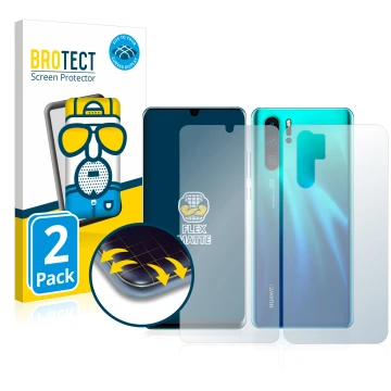 Parte frontal de un envase de producto con el logotipo de la marca BROTECT. Al lado se muestra el dispositivo Huawei P30 Pro (