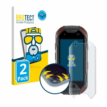 Parte frontal de un envase de producto con el logotipo de la marca BROTECT. Al lado se muestra el dispositivo Unihertz Atom co