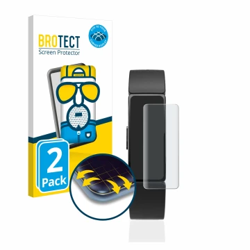 Parte frontal de un envase de producto con el logotipo de la marca BROTECT. Al lado se muestra el dispositivo Fitbit Inspire c