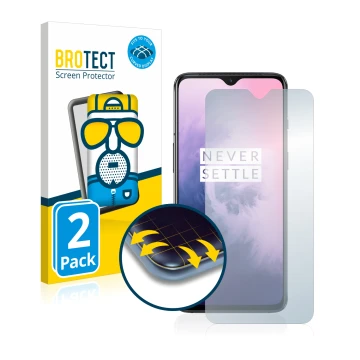 Parte frontal de un envase de producto con el logotipo de la marca BROTECT. Al lado se muestra el dispositivo OnePlus 7 con su