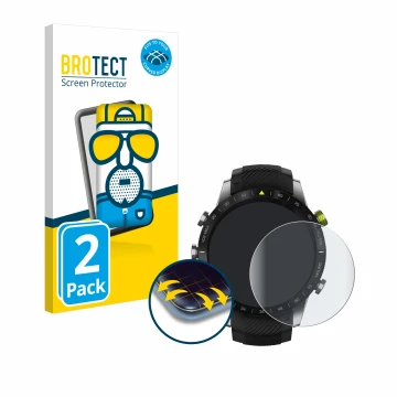 Parte frontal de un envase de producto con el logotipo de la marca BROTECT. Al lado se muestra el dispositivo Garmin Marq Athl