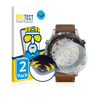 Parte frontal de un envase de producto con el logotipo de la marca BROTECT. Al lado se muestra el dispositivo Garmin Marq Adve