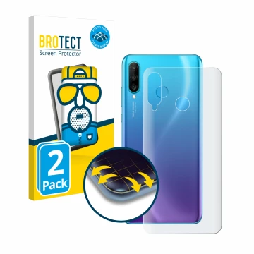 Parte frontal de un envase de producto con el logotipo de la marca BROTECT. Al lado se muestra el dispositivo Huawei P30 lite 
