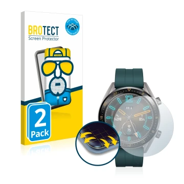 Parte frontal de un envase de producto con el logotipo de la marca BROTECT. Al lado se muestra el dispositivo Huawei Watch GT 