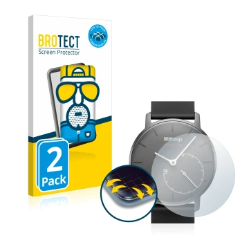 Parte frontal de un envase de producto con el logotipo de la marca BROTECT. Al lado se muestra el dispositivo Withings Activit