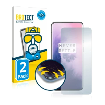 Parte frontal de un envase de producto con el logotipo de la marca BROTECT. Al lado se muestra el dispositivo OnePlus 7 Pro co