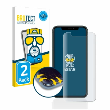 Parte frontal de un envase de producto con el logotipo de la marca BROTECT. Al lado se muestra el dispositivo Apple iPhone 11 