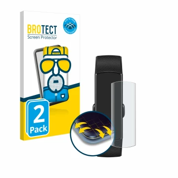 Parte frontal de un envase de producto con el logotipo de la marca BROTECT. Al lado se muestra el dispositivo Honor Band 5 con