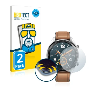 Parte frontal de un envase de producto con el logotipo de la marca BROTECT. Al lado se muestra el dispositivo Huawei Watch GT 
