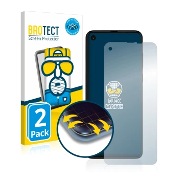 Parte frontal de un envase de producto con el logotipo de la marca BROTECT. Al lado se muestra el dispositivo Motorola One Act