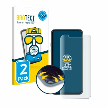 Parte frontal de un envase de producto con el logotipo de la marca BROTECT. Al lado se muestra el dispositivo Apple iPhone 11 