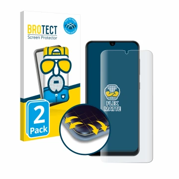 Parte frontal de un envase de producto con el logotipo de la marca BROTECT. Al lado se muestra el dispositivo Samsung Galaxy A