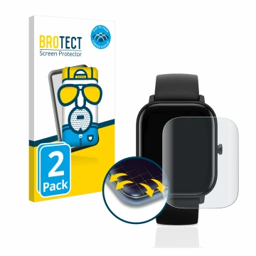 Parte frontal de un envase de producto con el logotipo de la marca BROTECT. Al lado se muestra el dispositivo Huami Amazfit GT