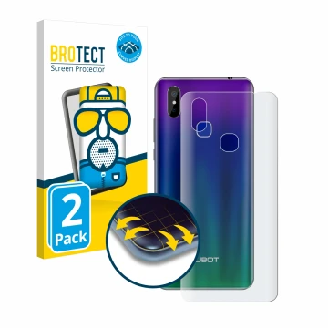 Parte frontal de un envase de producto con el logotipo de la marca BROTECT. Al lado se muestra el dispositivo Cubot Max 2 (Tra