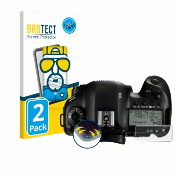 Parte frontal de un envase de producto con el logotipo de la marca BROTECT. Al lado se muestra el dispositivo Canon EOS 5D Mar