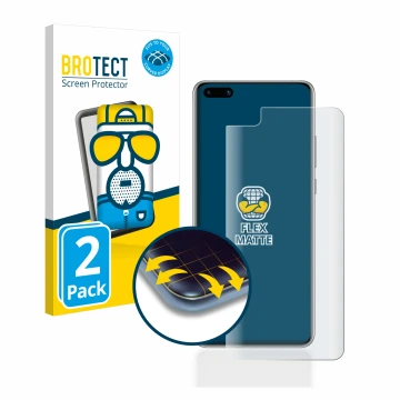Parte frontal de un envase de producto con el logotipo de la marca BROTECT. Al lado se muestra el dispositivo Huawei P40 con s