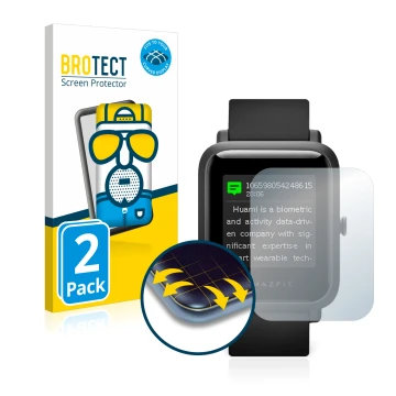 Parte frontal de un envase de producto con el logotipo de la marca BROTECT. Al lado se muestra el dispositivo Huami Amazfit Bi