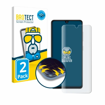Parte frontal de un envase de producto con el logotipo de la marca BROTECT. Al lado se muestra el dispositivo Samsung Galaxy A