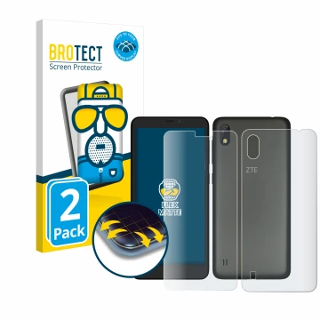 Parte frontal de un envase de producto con el logotipo de la marca BROTECT. Al lado se muestra el dispositivo ZTE Blade A530 (