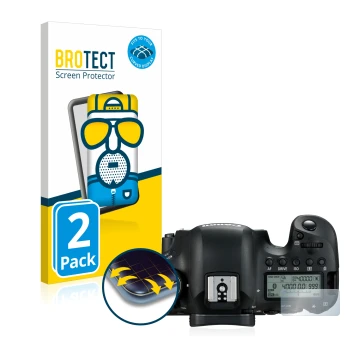 Parte frontal de un envase de producto con el logotipo de la marca BROTECT. Al lado se muestra el dispositivo Canon EOS 6D Mar