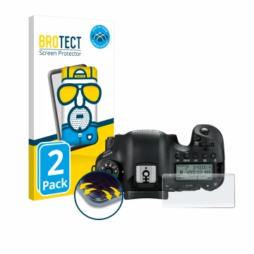 Parte frontal de un envase de producto con el logotipo de la marca BROTECT. Al lado se muestra el dispositivo Canon EOS 6D (pa