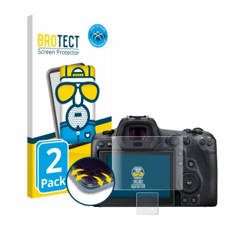 Parte frontal de un envase de producto con el logotipo de la marca BROTECT. Al lado se muestra el dispositivo Canon EOS R5 con