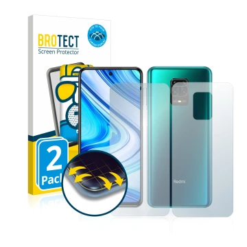 Parte frontal de un envase de producto con el logotipo de la marca BROTECT. Al lado se muestra el dispositivo Xiaomi Redmi Not