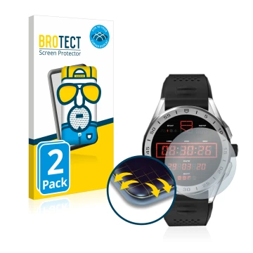 Parte frontal de un envase de producto con el logotipo de la marca BROTECT. Al lado se muestra el dispositivo TAG Heuer Connec