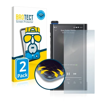 Parte frontal de un envase de producto con el logotipo de la marca BROTECT. Al lado se muestra el dispositivo FiiO M15 con su 