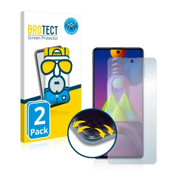Parte frontal de un envase de producto con el logotipo de la marca BROTECT. Al lado se muestra el dispositivo Samsung Galaxy M