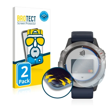 Parte frontal de un envase de producto con el logotipo de la marca BROTECT. Al lado se muestra el dispositivo Garmin quatix 6 