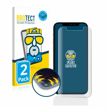 Parte frontal de un envase de producto con el logotipo de la marca BROTECT. Al lado se muestra el dispositivo Apple iPhone 12 