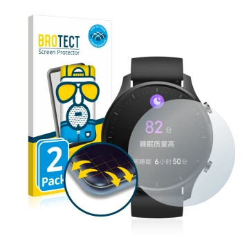 Parte frontal de un envase de producto con el logotipo de la marca BROTECT. Al lado se muestra el dispositivo Xiaomi Mi Watch 